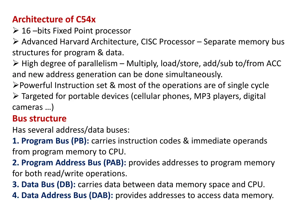 architecture of c54x 16 bits fixed point