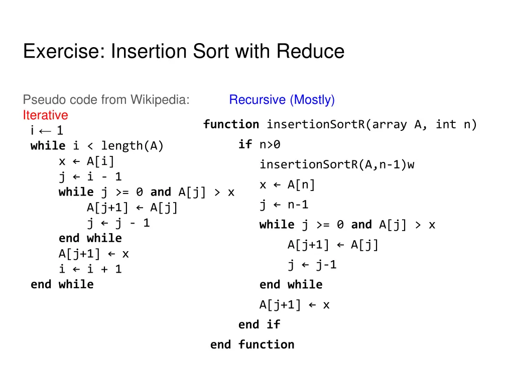 exercise insertion sort with reduce