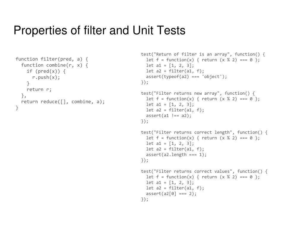 properties of filter and unit tests