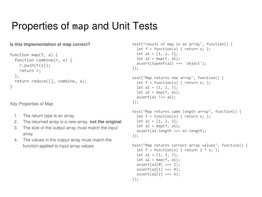 properties of map and unit tests