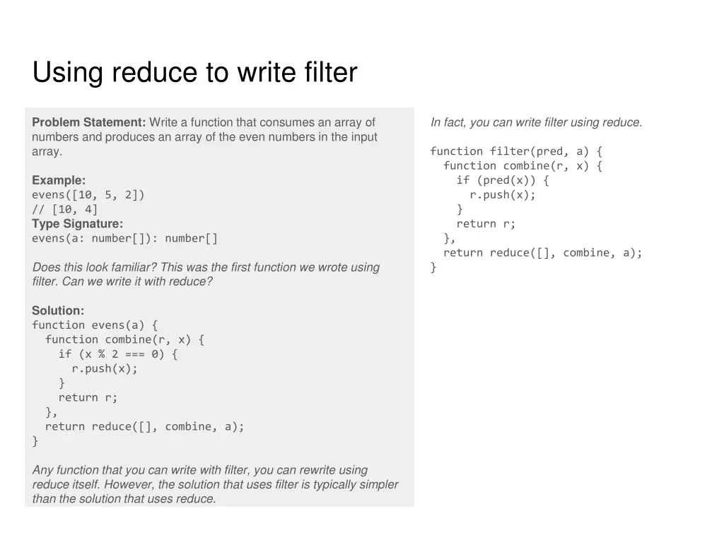 using reduce to write filter