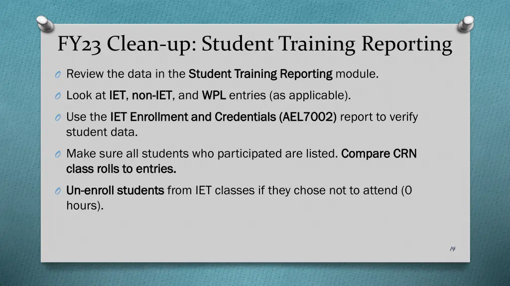 fy23 clean up student training reporting