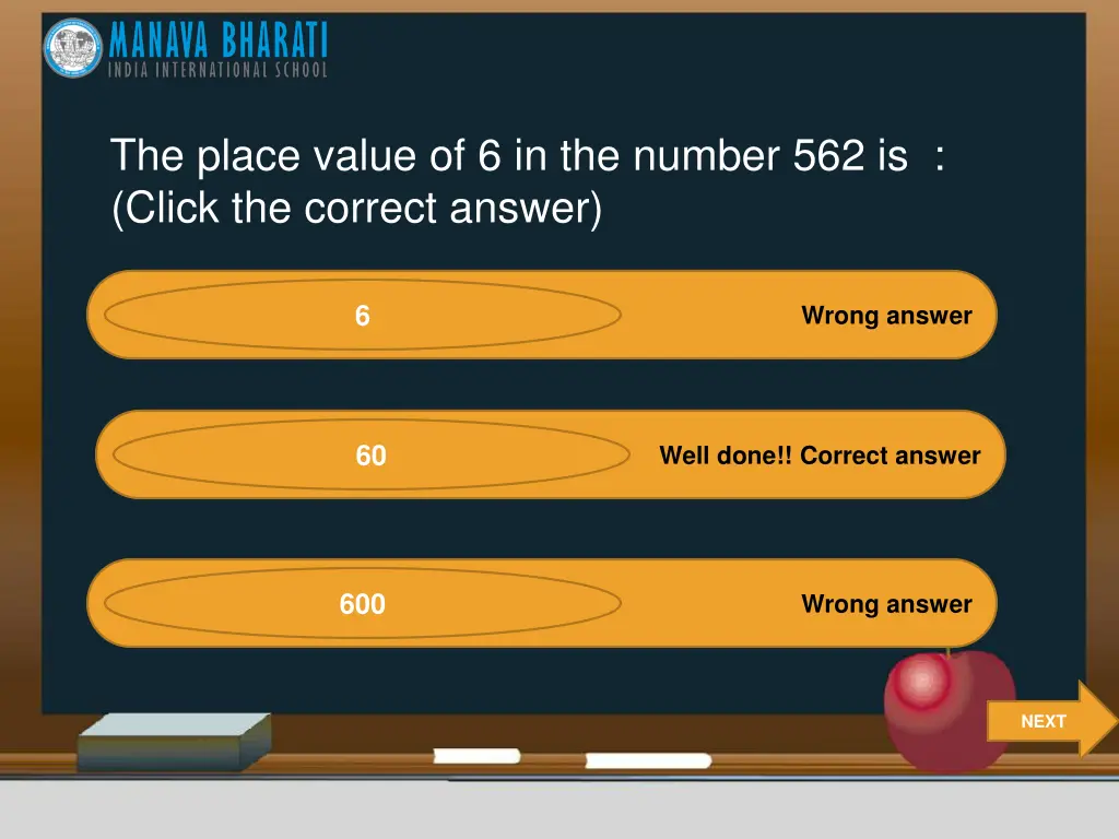 the place value of 6 in the number 562 is click