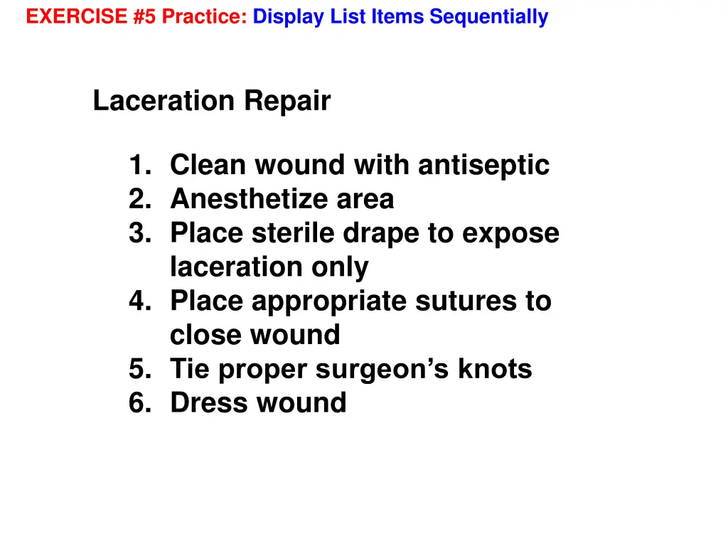 exercise 5 practice display list items