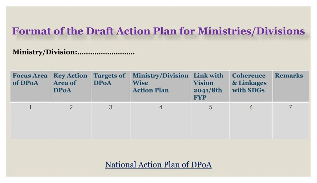 format of the draft action plan for ministries