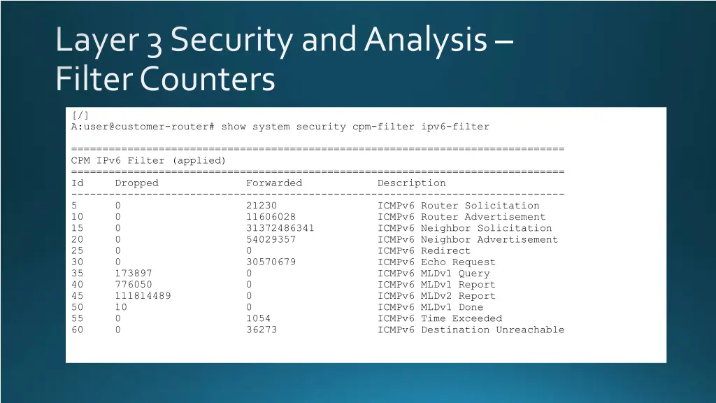 layer 3 security and analysis filter counters