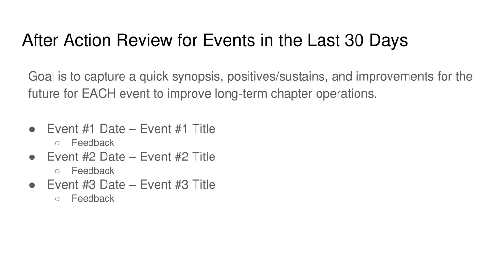 after action review for events in the last 30 days