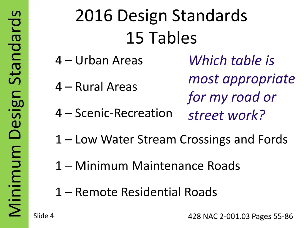 2016 design standards 15 tables 4 urban areas