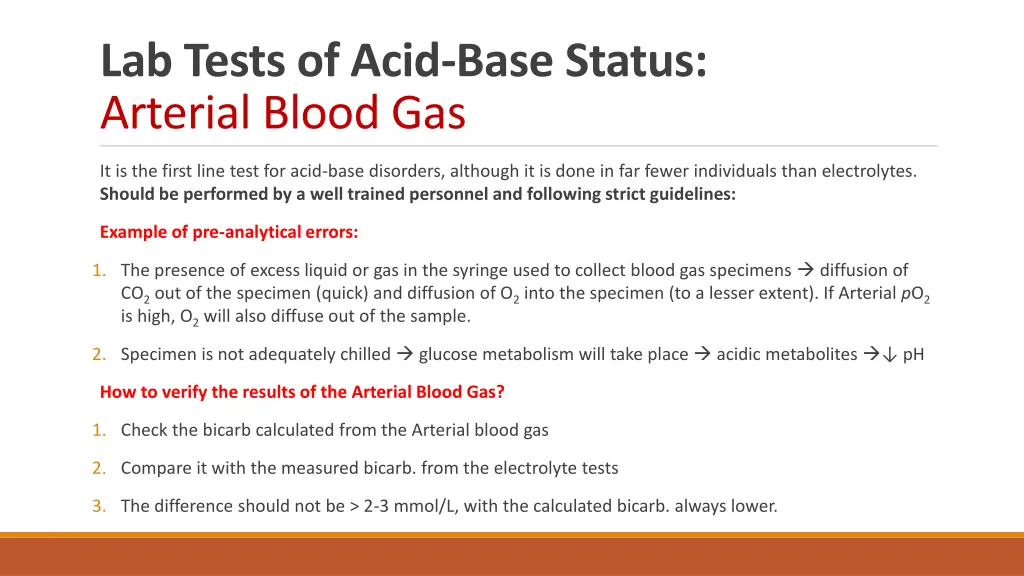 lab tests of acid base status arterial blood gas