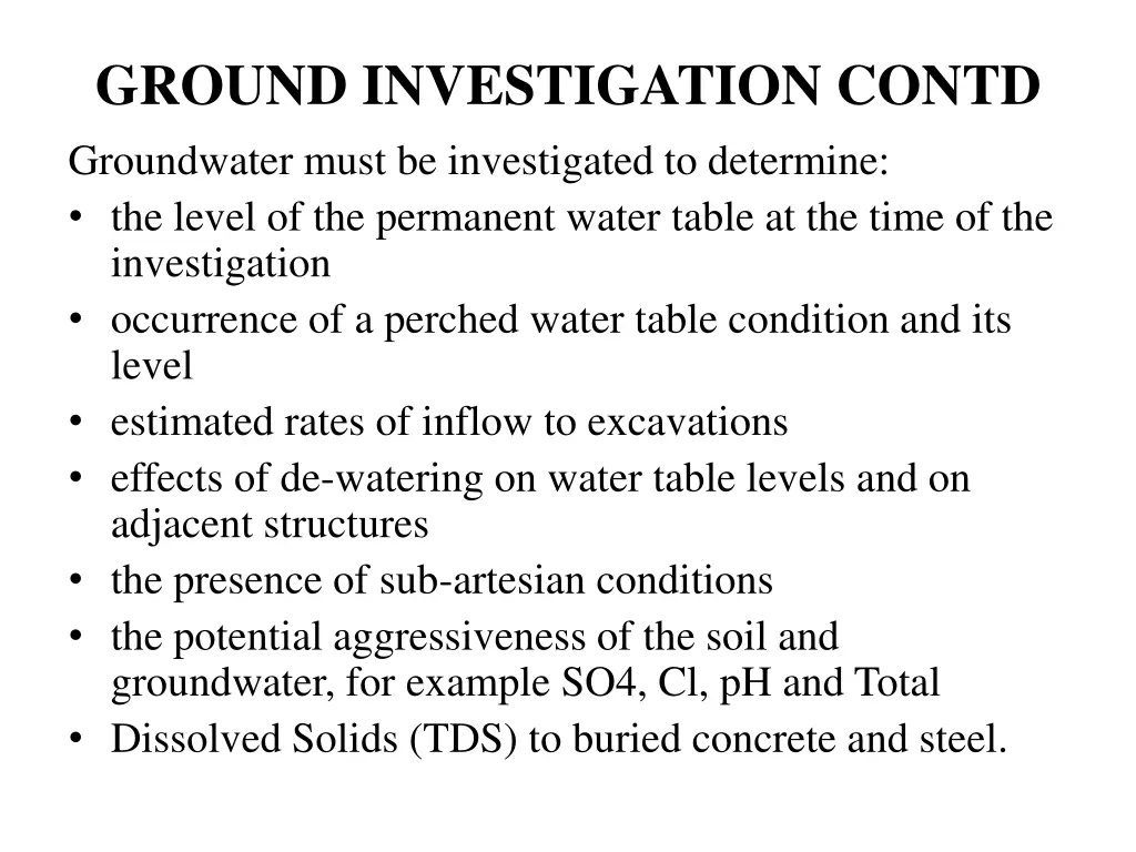 ground investigation contd groundwater must