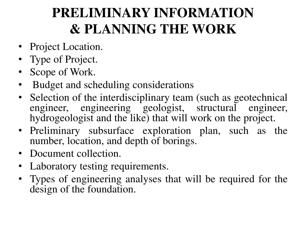 preliminary information planning the work project