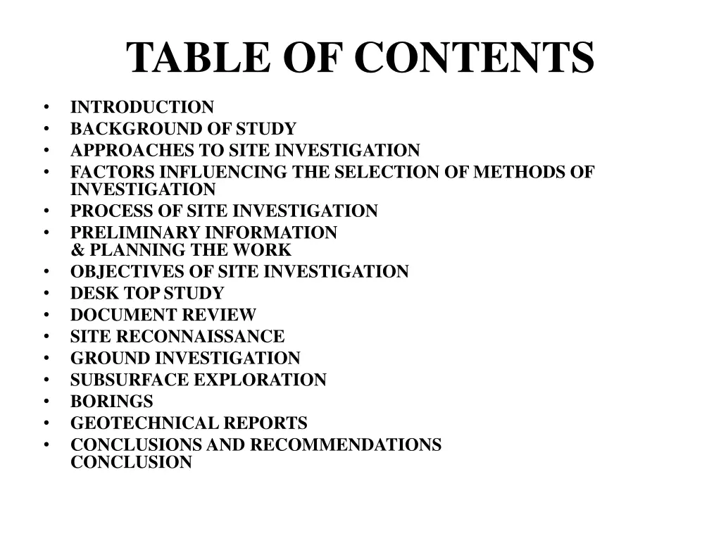 table of contents