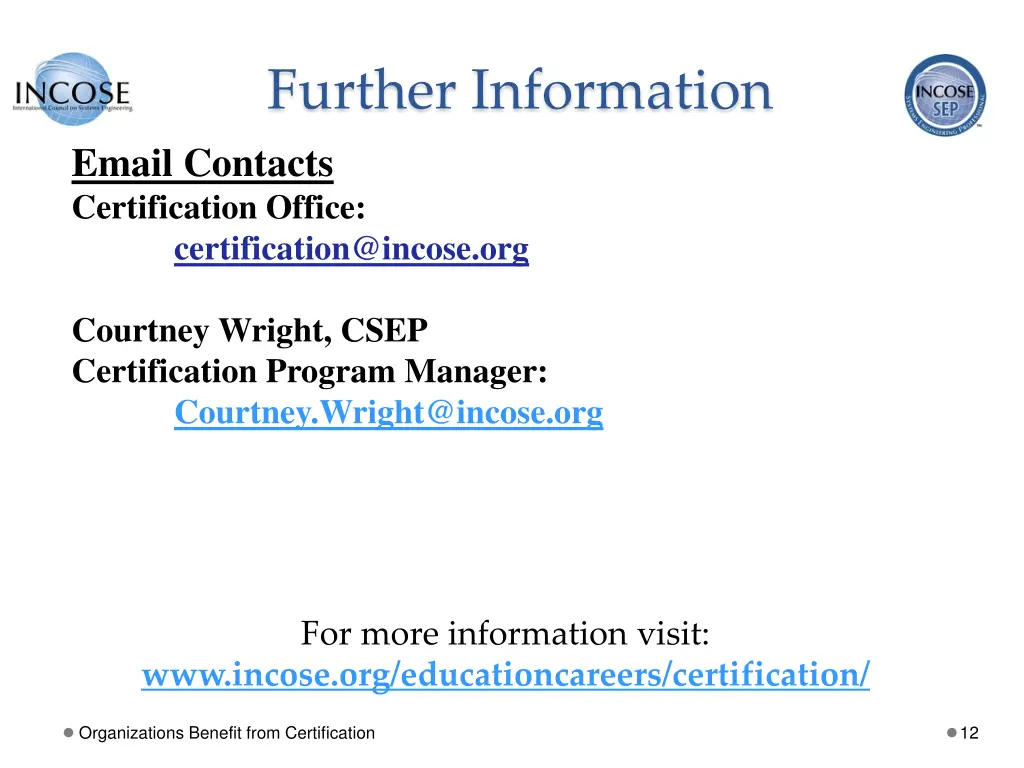 further information email contacts certification