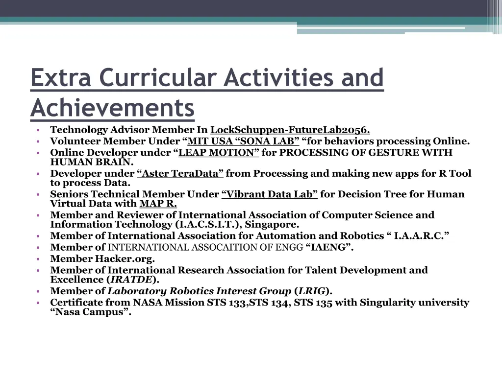 extra curricular activities and achievements