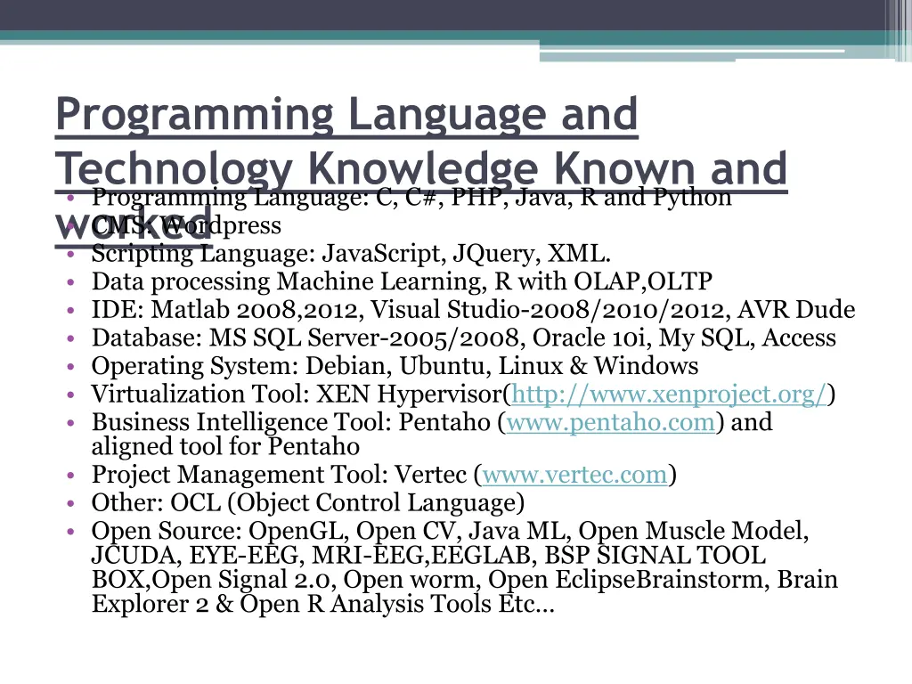 programming language and technology knowledge