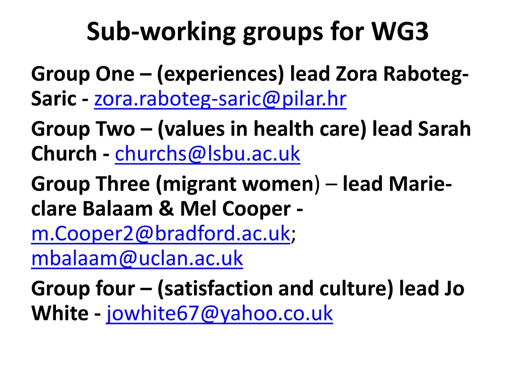 sub working groups for wg3