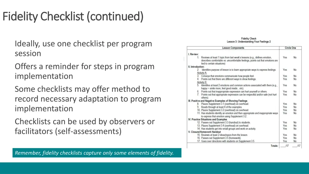 fidelity checklist continued fidelity checklist