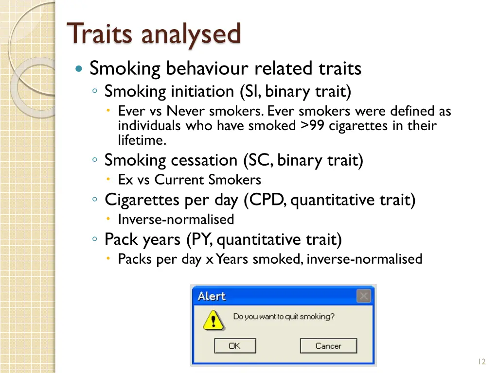 traits analysed smoking behaviour related traits