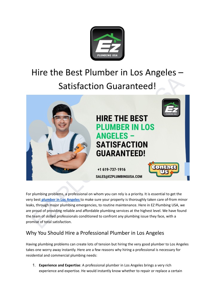 hire the best plumber in los angeles satisfaction