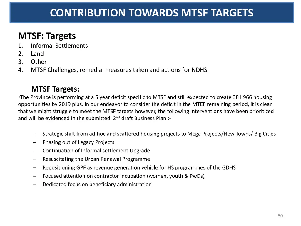 contribution towards mtsf targets