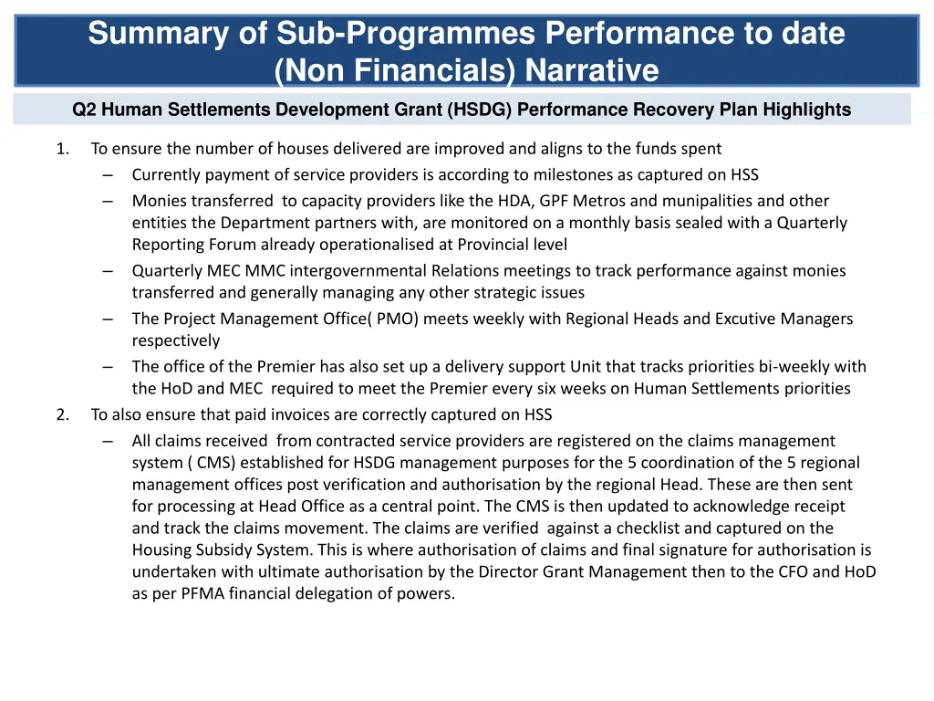 summary of sub programmes performance to date 5