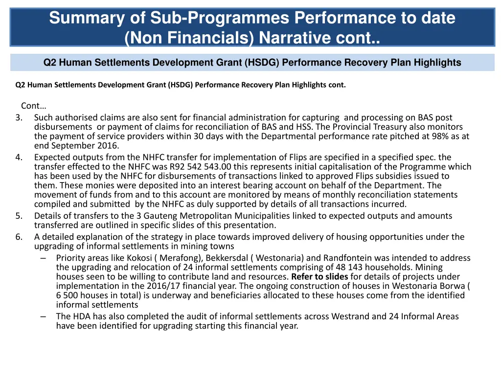 summary of sub programmes performance to date 6