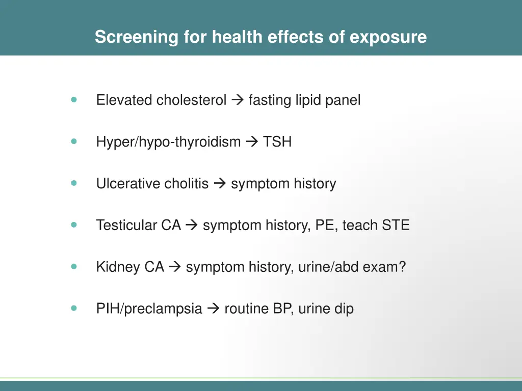 screening for health effects of exposure