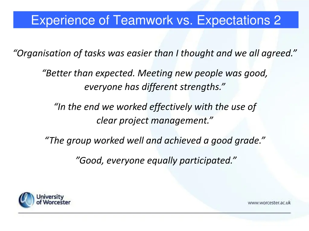 experience of teamwork vs expectations 2