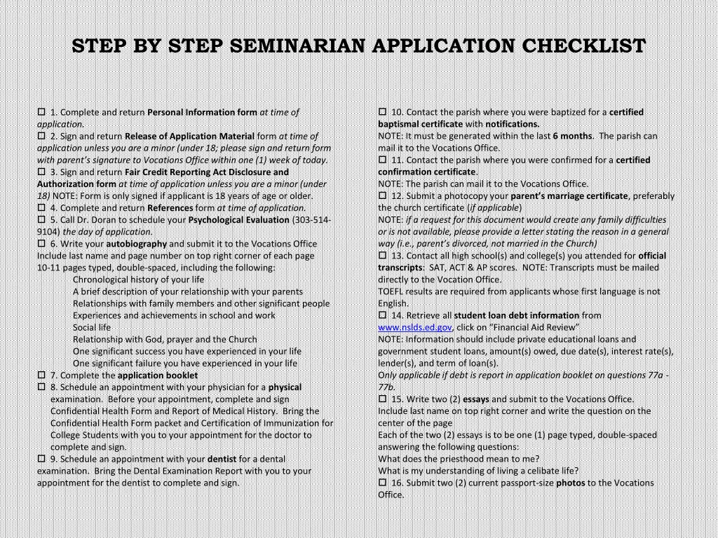 step by step seminarian application checklist