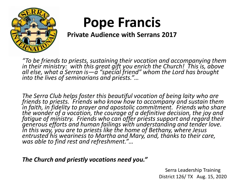 pope francis private audience with serrans 2017