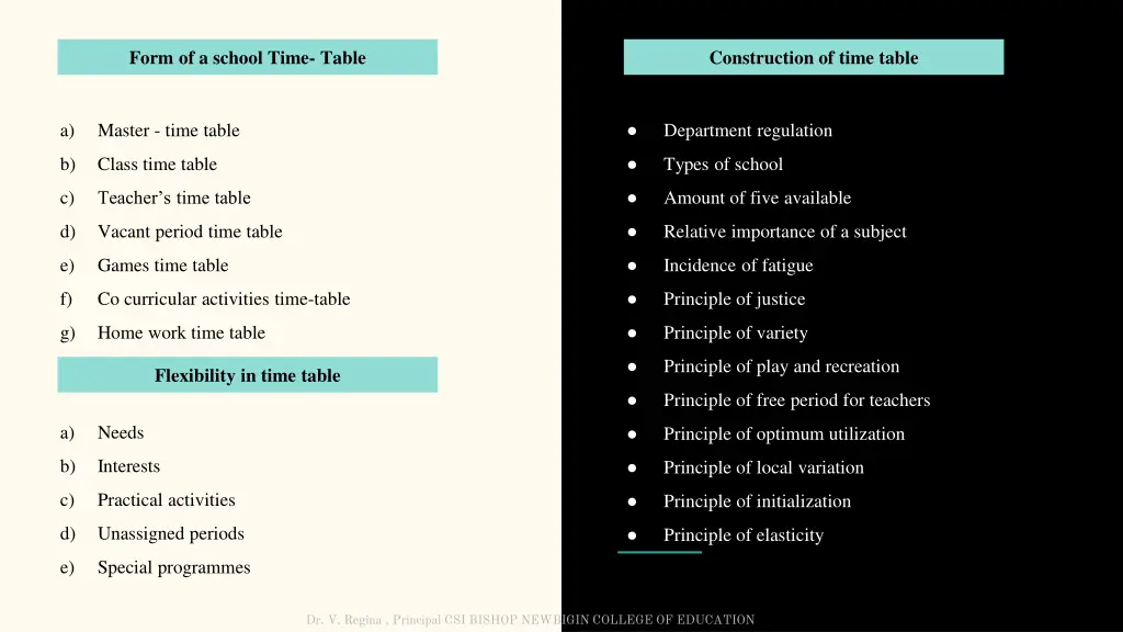 form of a school time table