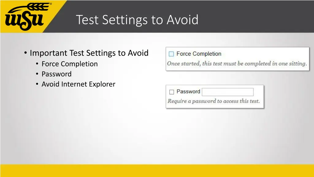 test settings to avoid