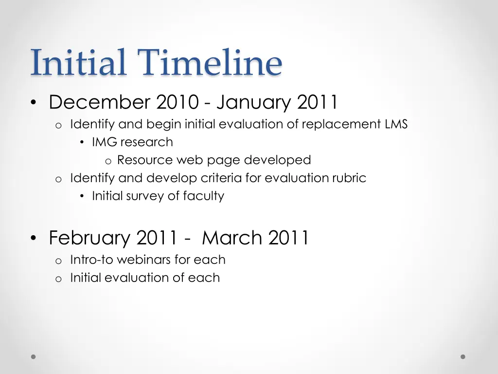 initial timeline december 2010 january 2011