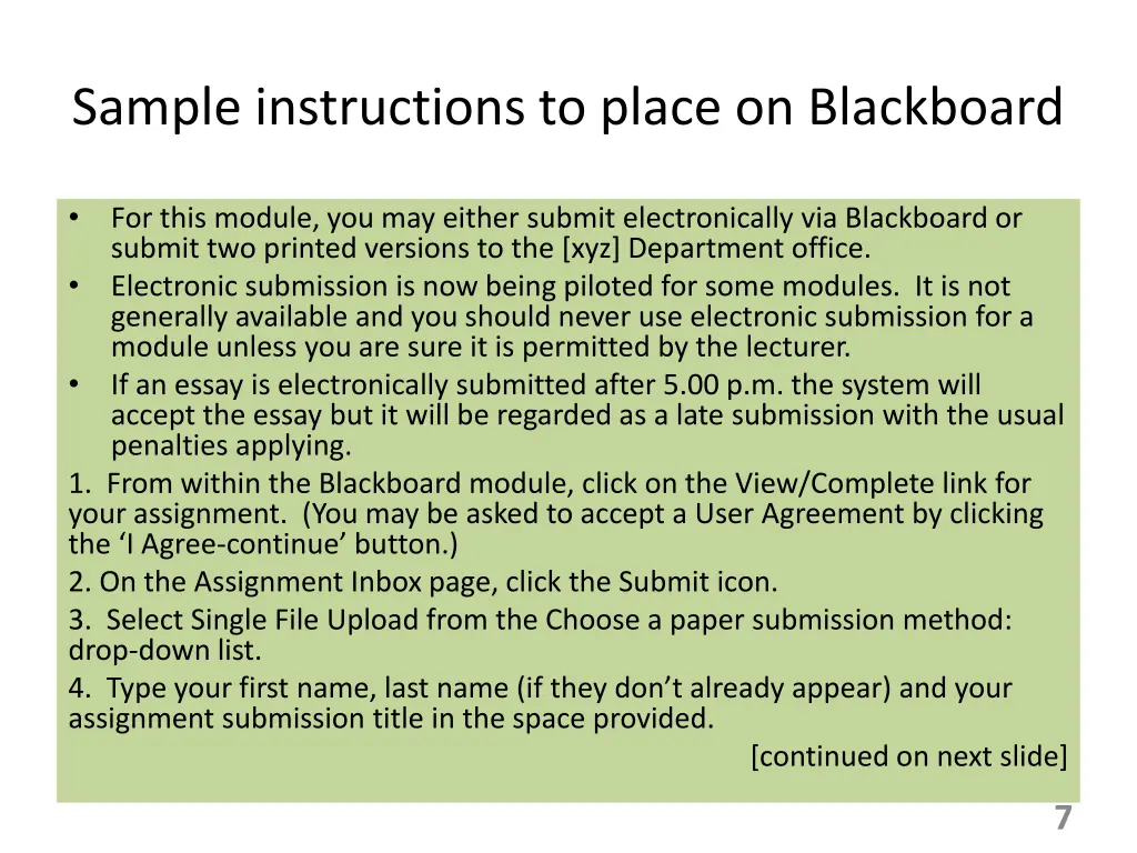 sample instructions to place on blackboard