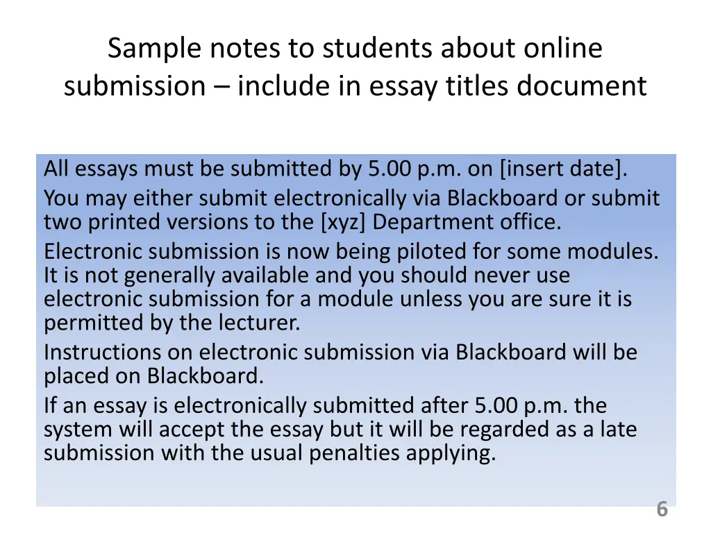 sample notes to students about online submission