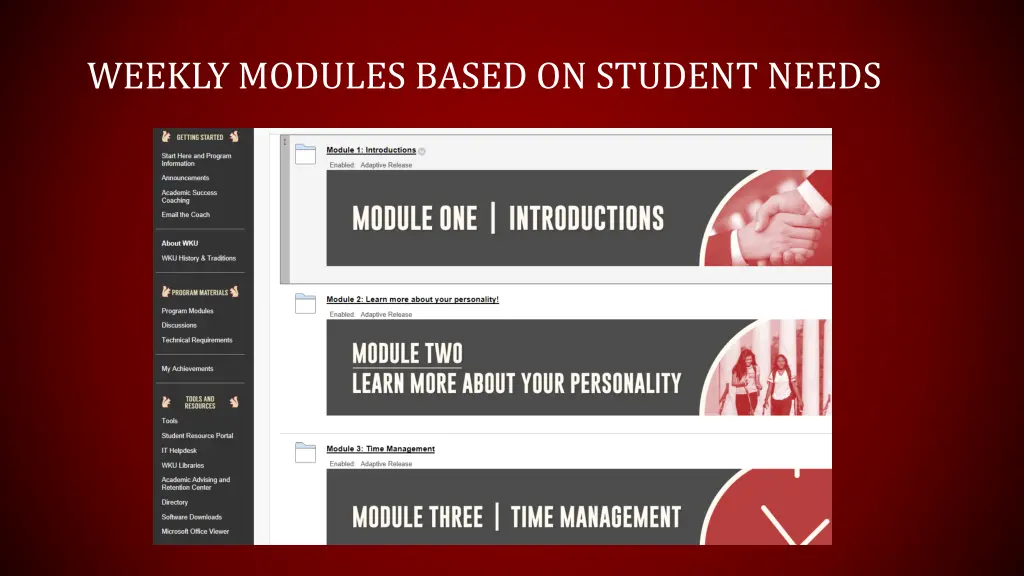 weekly modules based on student needs