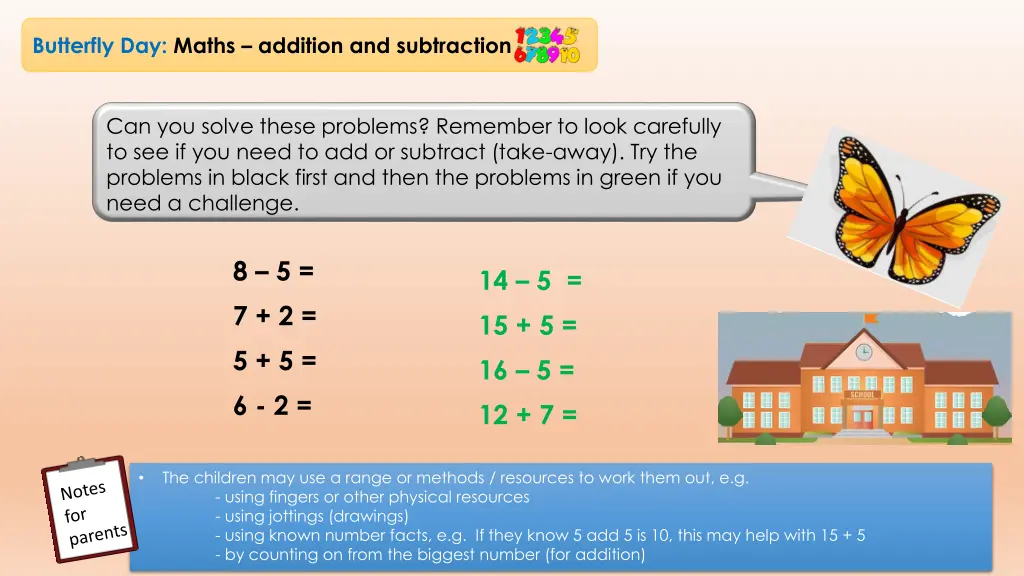 butterfly day maths addition and subtraction