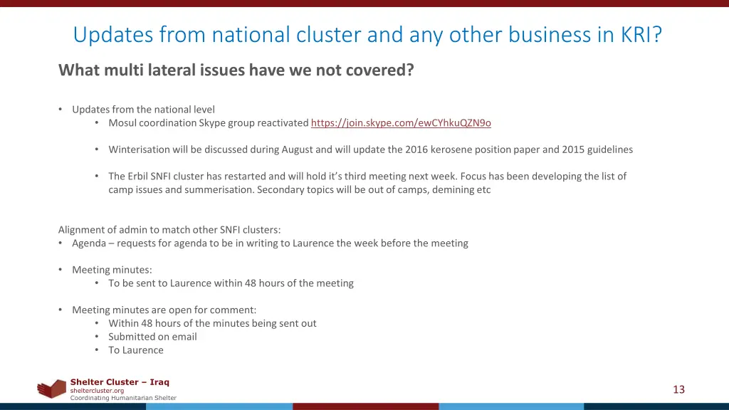 updates from national cluster and any other