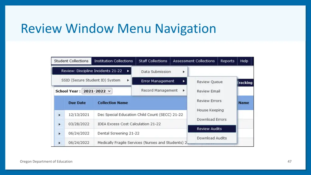 review window menu navigation