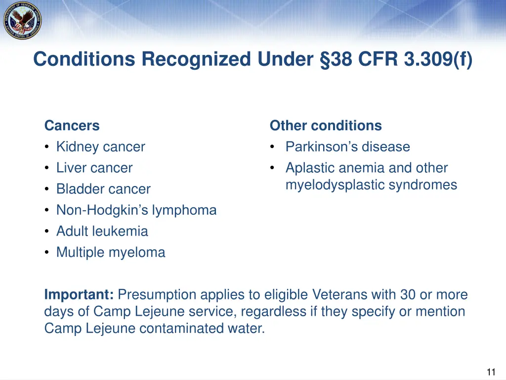 conditions recognized under 38 cfr 3 309 f