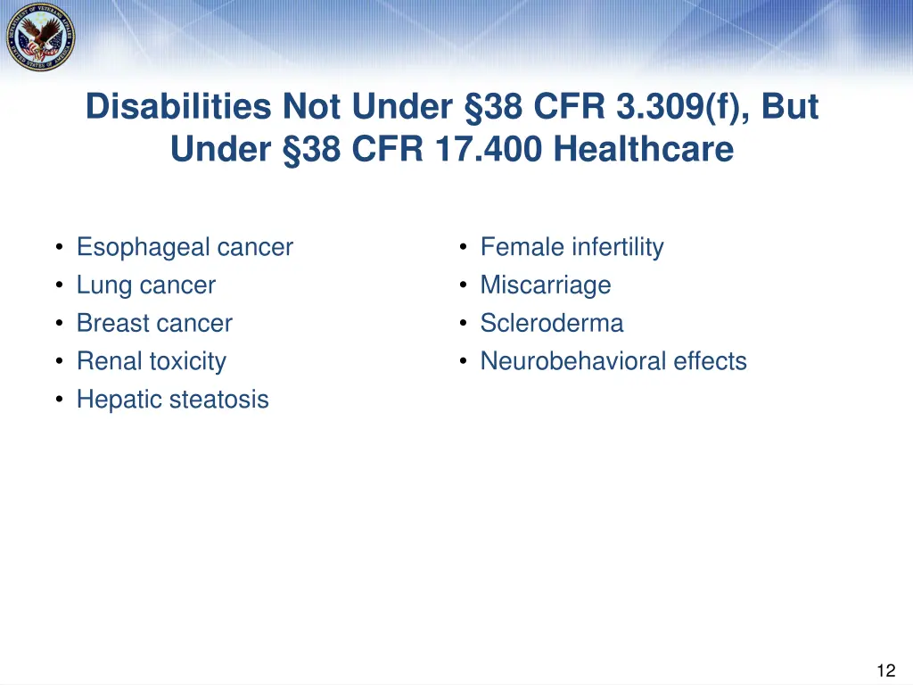 disabilities not under 38 cfr 3 309 f but under