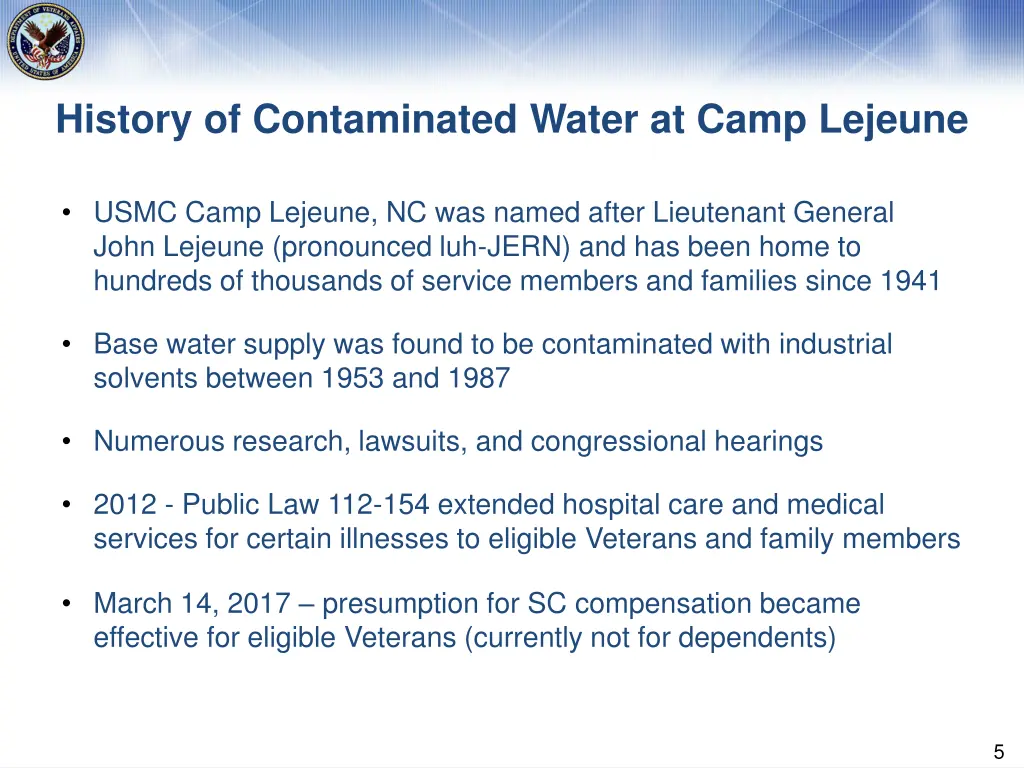 history of contaminated water at camp lejeune