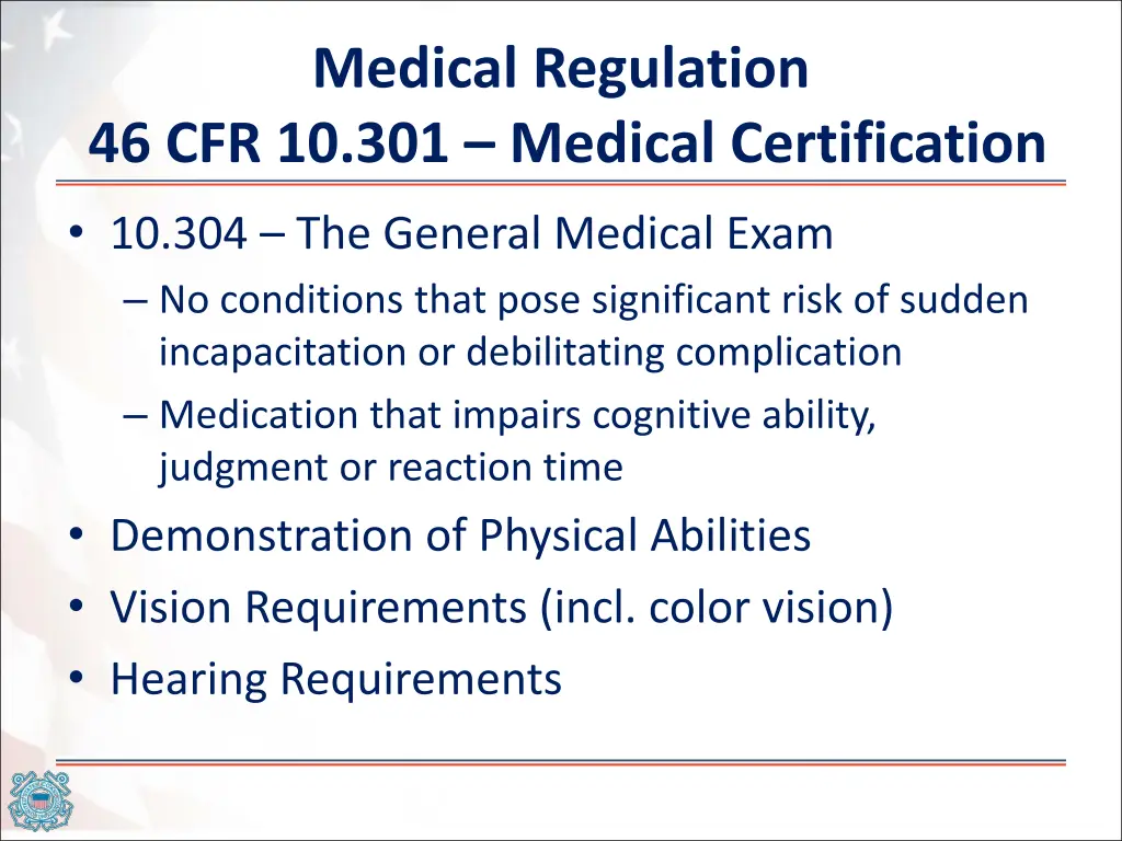 medical regulation 46 cfr 10 301 medical