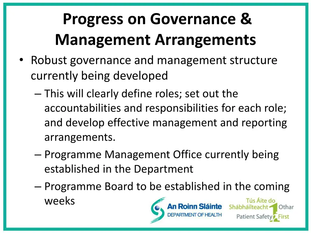 progress on governance management arrangements