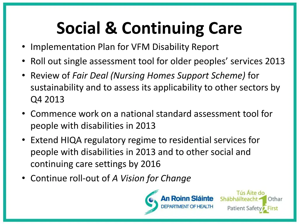 social continuing care implementation plan