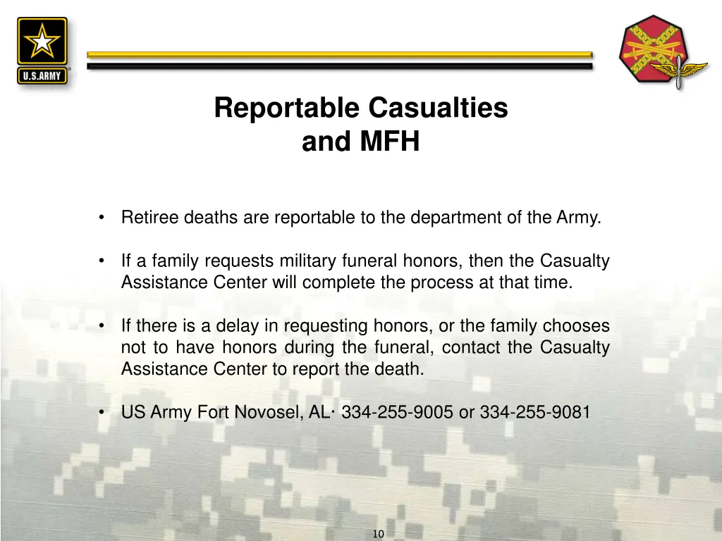 reportable casualties and mfh