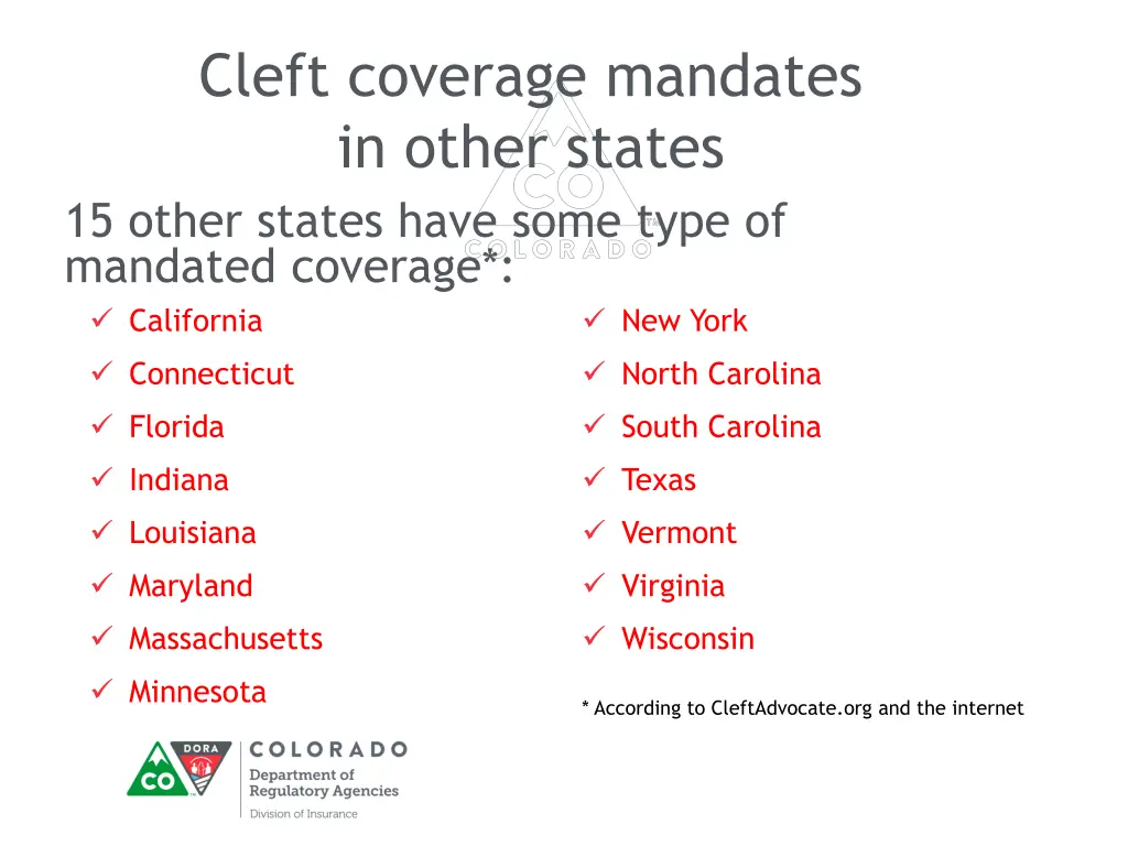 cleft coverage mandates in other states 15 other