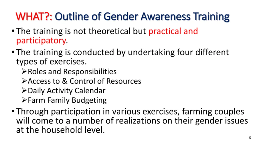 what what outline of gender awareness training 1