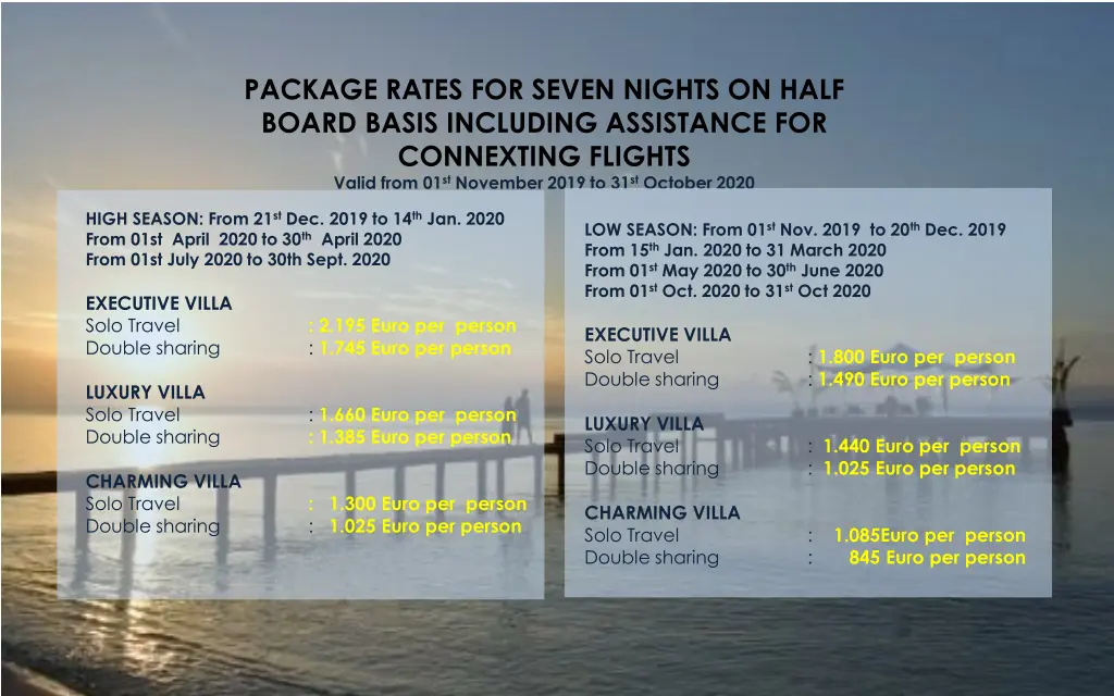 package rates for seven nights on half board