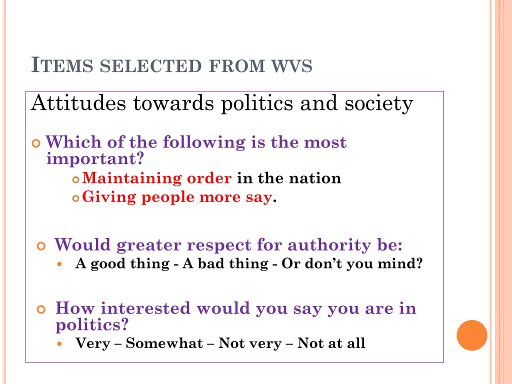 i tems selected from wvs